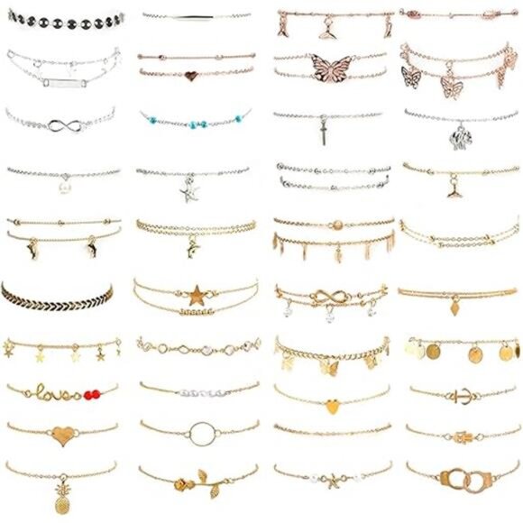30/40PCS Ankle Bracelets for Women Set, Gold Silver Rose Gold Three Style - Picture 8 of 8